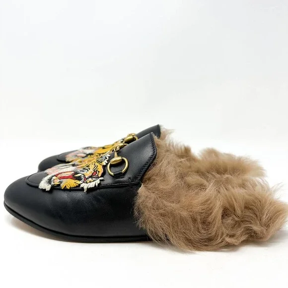 Gucci Princetown Tiger Fur Lined Round Toe Horsebit Canvas Flat